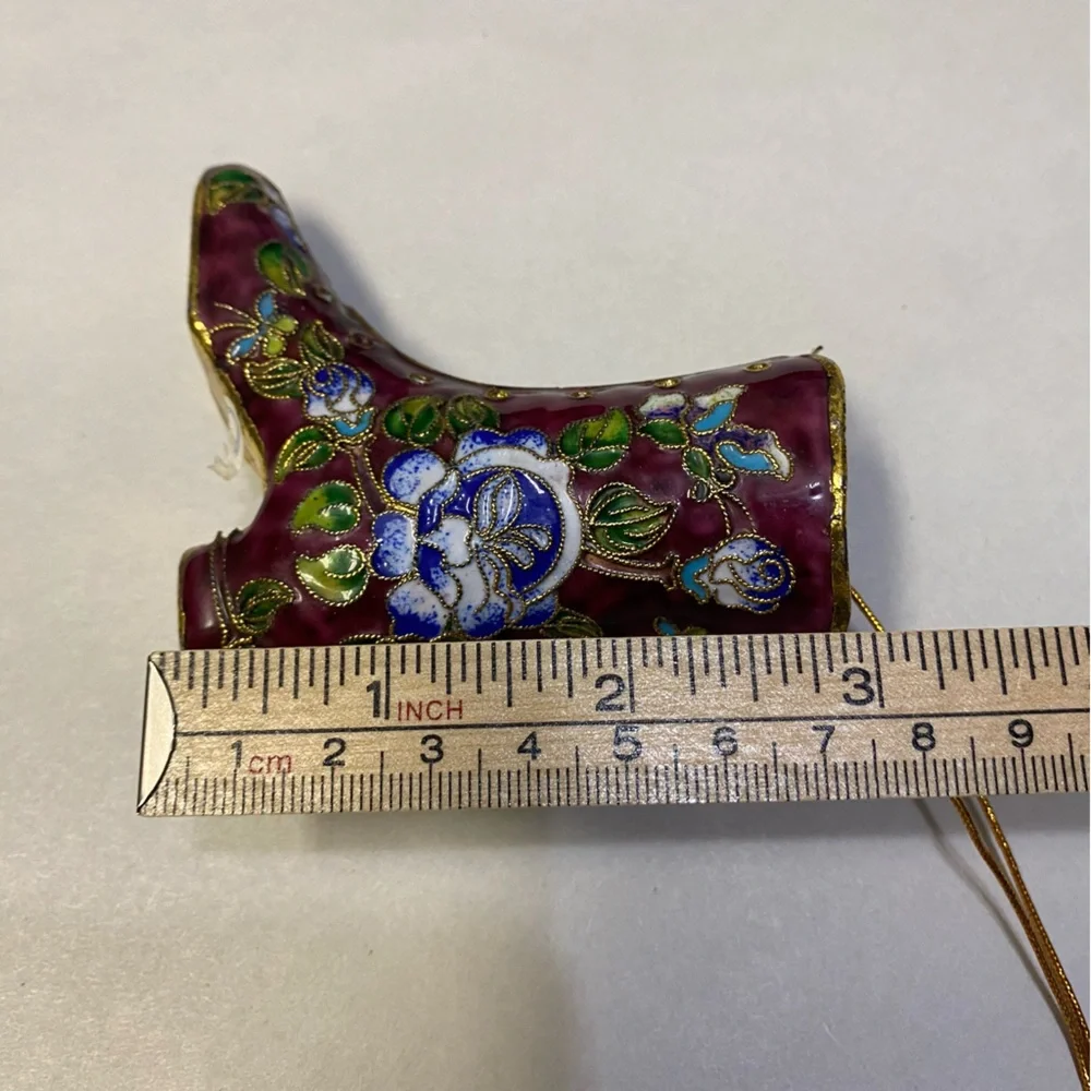 Vintage Cloisonné Shoe Boot Figurine Ornament Enamel Floral Decorative